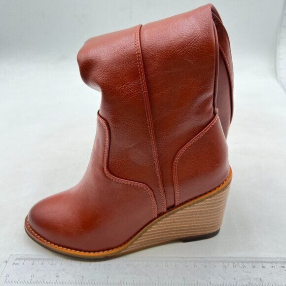 FSJ Women Side Zipper Wedge High Heel Point Toe Fancy Pull On Ladies Boot Maroon - Picture 2 of 8